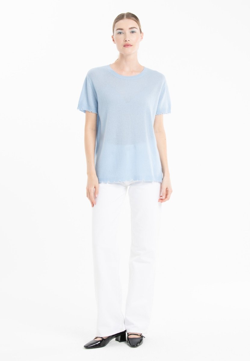 T-shirt col rond cachemire baby blue femme - AVA 6-4