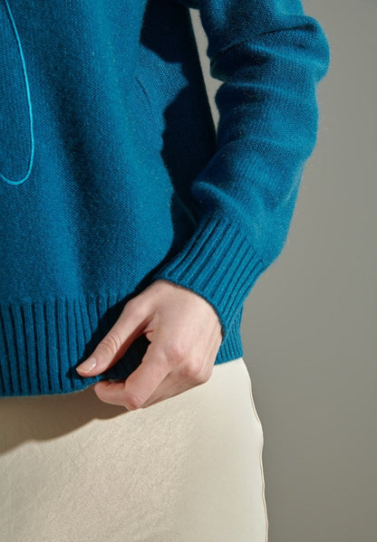 Pull col rond cachemire bleu roi/broderie femme - NAMI 21-1