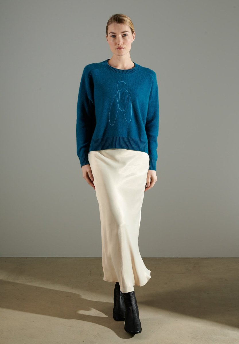 Pull col rond cachemire bleu roi/broderie femme - NAMI 21-4