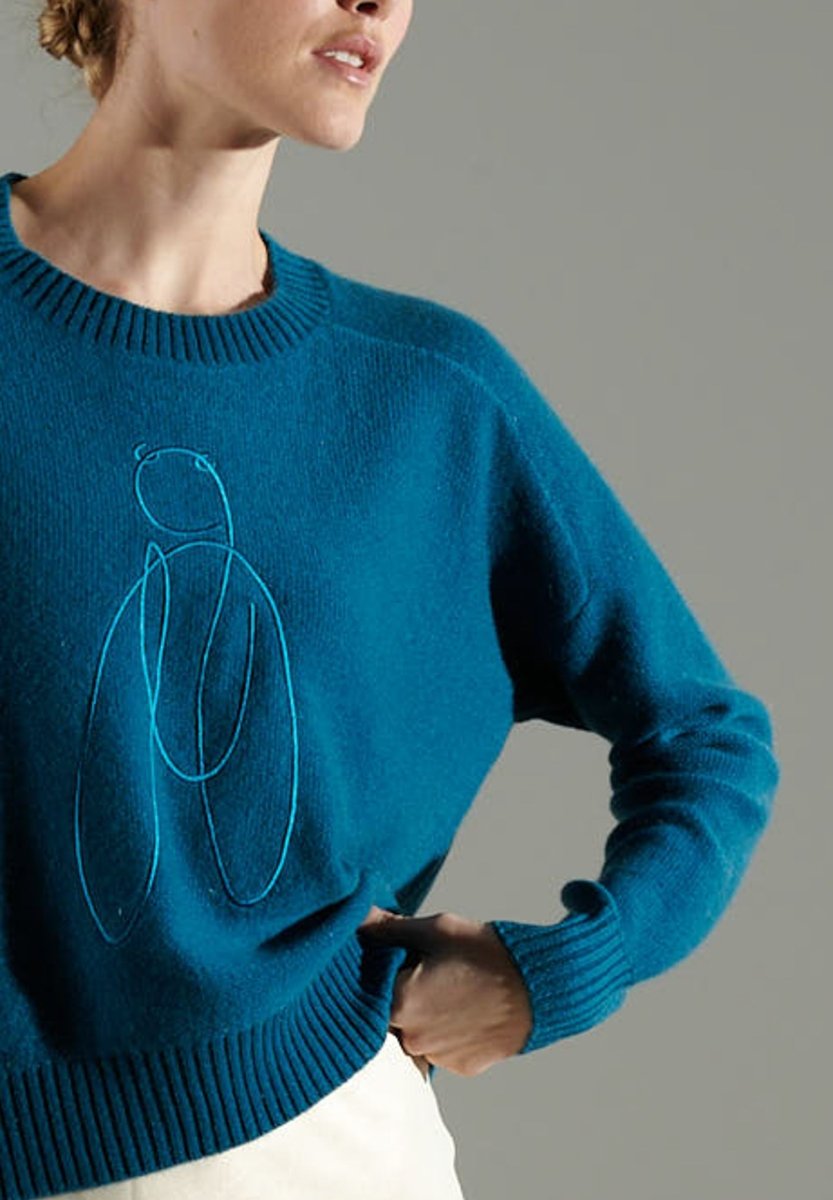 Pull col rond cachemire bleu roi/broderie femme - NAMI 21-3