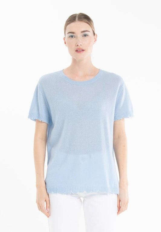 T-shirt col rond cachemire baby blue femme - AVA 6-0