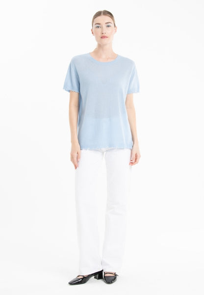 T-shirt col rond cachemire baby blue femme - AVA 6-4
