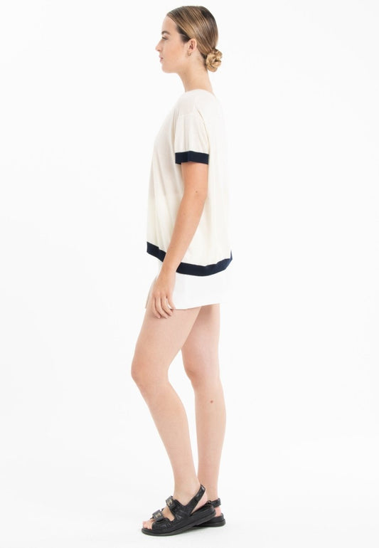 T-shirt col rond ultrafin cachemire et laine blanc/bleu marine femme - KELLY 1-1