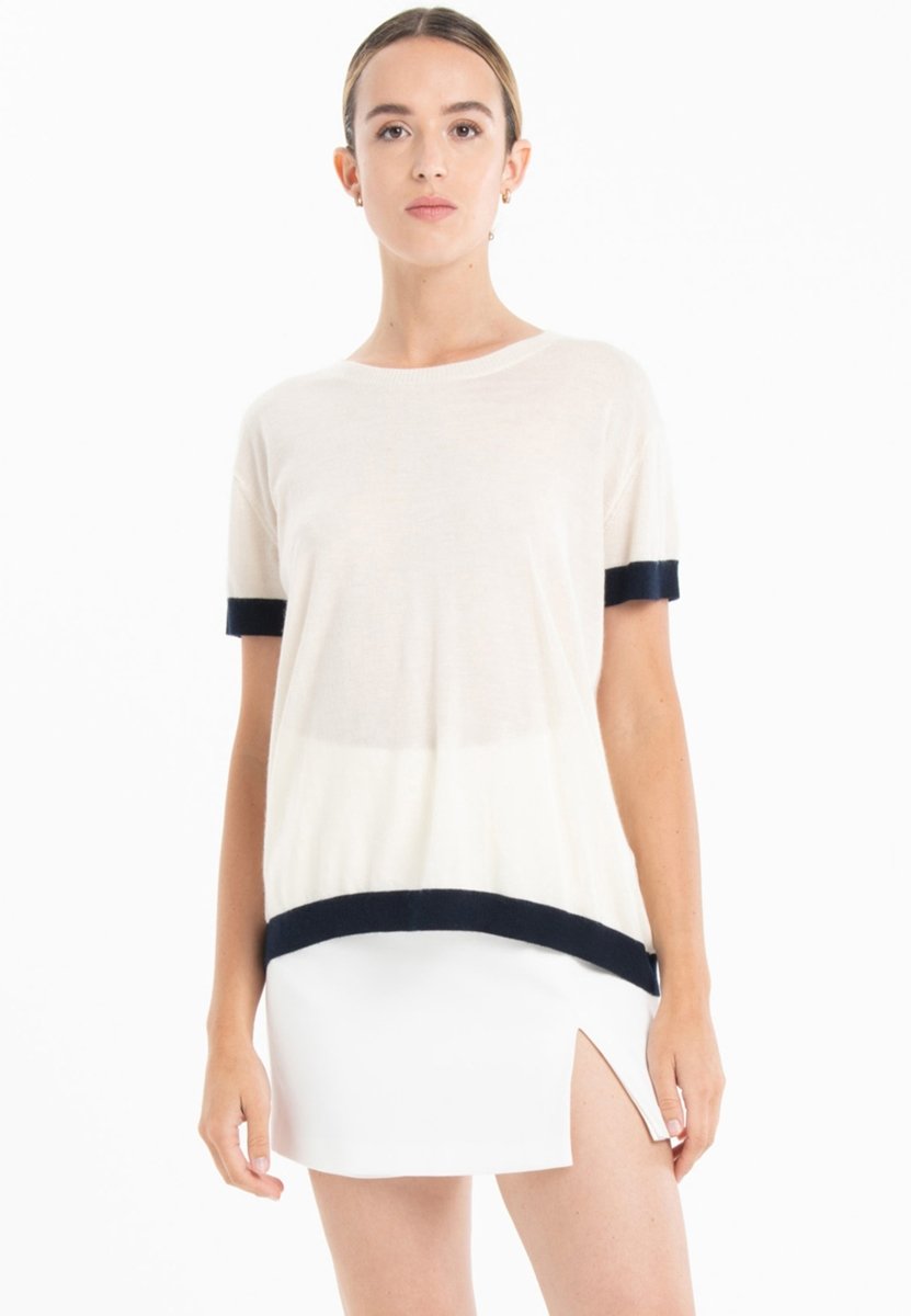 T-shirt col rond ultrafin cachemire et laine blanc/bleu marine femme - KELLY 1-0