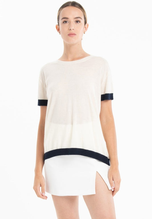 T-shirt col rond ultrafin cachemire et laine blanc/bleu marine femme - KELLY 1-0