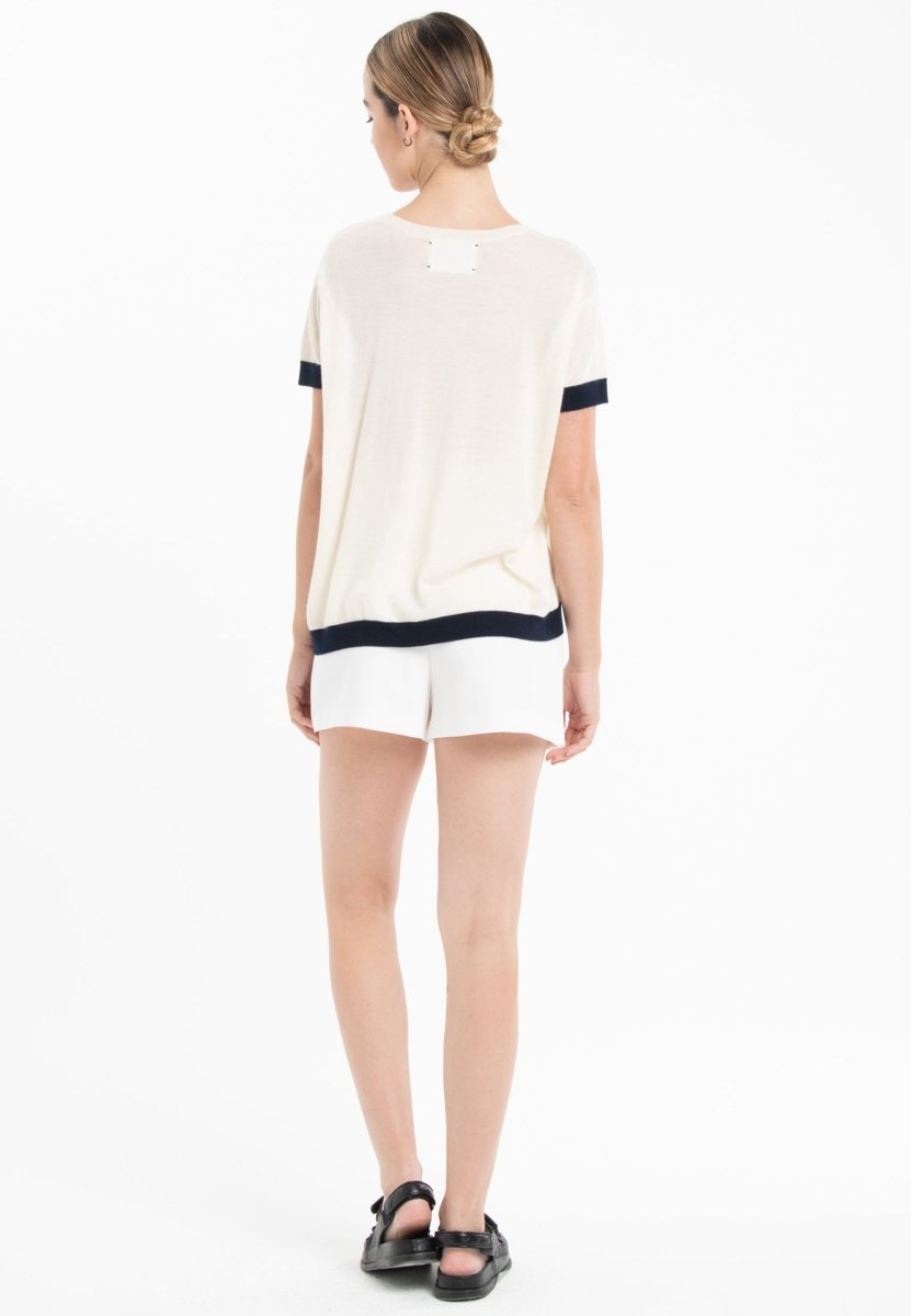 T-shirt col rond ultrafin cachemire et laine blanc/bleu marine femme - KELLY 1-2