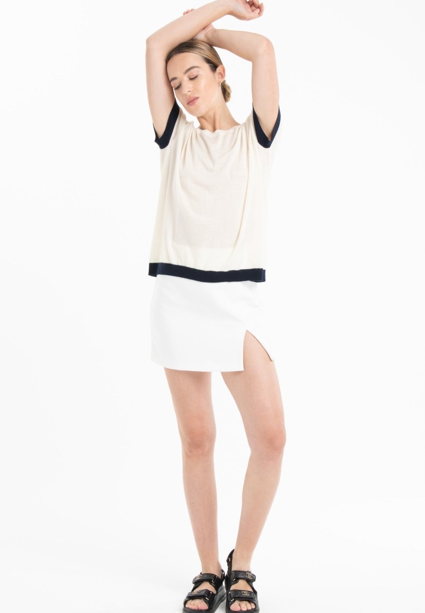 T-shirt col rond ultrafin cachemire et laine blanc/bleu marine femme - KELLY 1-3
