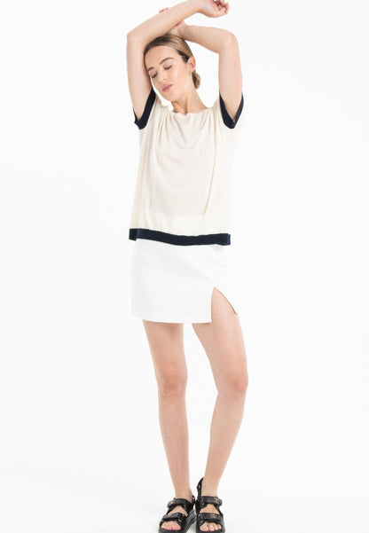 T-shirt col rond ultrafin cachemire et laine blanc/bleu marine femme - KELLY 1-3